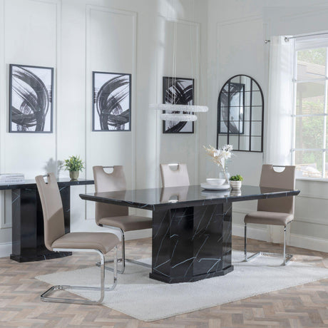 Naples Black Marble Dining Set - Bianco Beige Faux Leather Dining Chair-3
