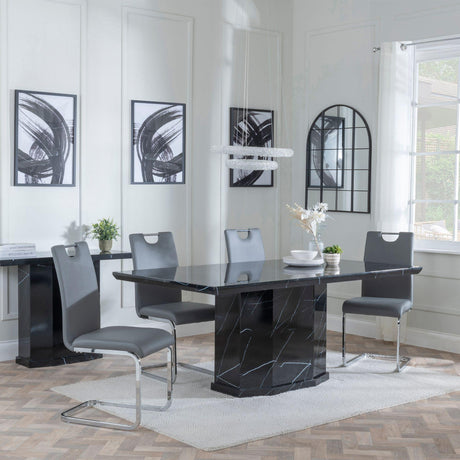 Naples Black Marble Dining Set - Bianco Grey Faux Leather Dining Chair-2