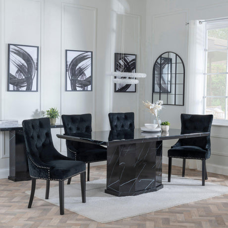 Naples Black Marble Dining Set - Lion Knocker Back Black Velvet Fabric Dining Chair with Black Wooden Legs-2