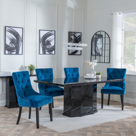 Naples Black Marble Dining Set - Lion Knocker Back Blue Velvet Fabric Dining Chair with Black Wooden Legs-3