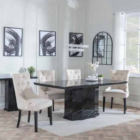 Naples Black Marble Dining Set - Lion Knocker Back Champagne Velvet Fabric Dining Chair with Black Wooden Legs-4
