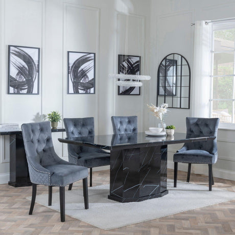 Naples Black Marble Dining Set - Lion Knocker Back Grey Velvet Fabric Dining Chair with Black Wooden Legs-2