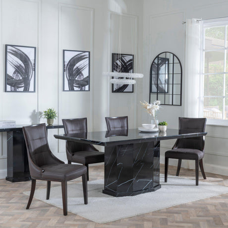 Naples Black Marble Dining Set - Paris Brown Leather Dining Chair with Brown Legs-3