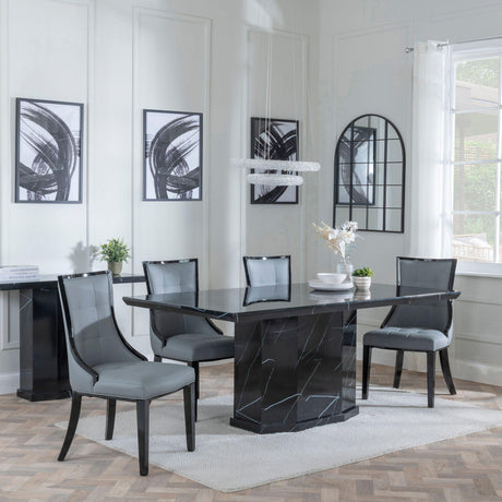 Naples Black Marble Dining Set - Paris Grey Leather Dining Chair with Black Legs-3