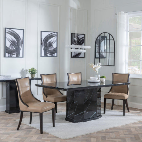 Naples Black Marble Dining Set - Paris Taupe Leather Dining Chair with Brown Legs-2