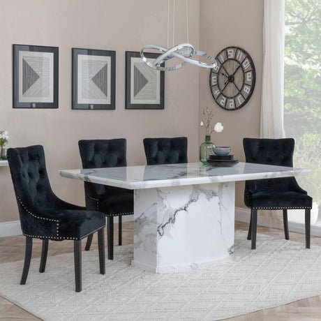 Naples White Marble Dining Set - Lion Knocker Back Black Velvet Fabric Dining Chair with Black Wooden Legs-3