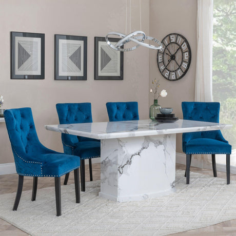 Naples White Marble Dining Set - Lion Knocker Back Blue Velvet Fabric Dining Chair with Black Wooden Legs-4