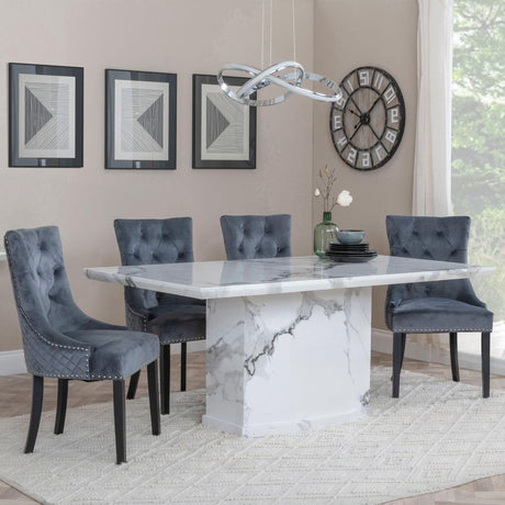 Naples White Marble Dining Set - Lion Knocker Back Grey Velvet Fabric Dining Chair with Black Wooden Legs