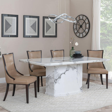 Naples White Marble Dining Set - Paris Taupe Leather Dining Chair with Brown Legs-2