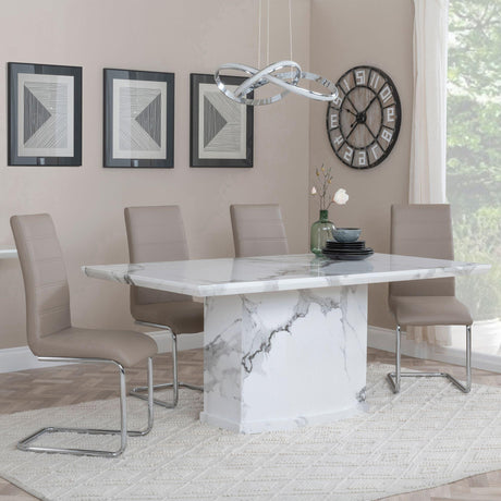 Naples White Marble Dining Set - Roma Beige Faux Leather Dining Chair-2