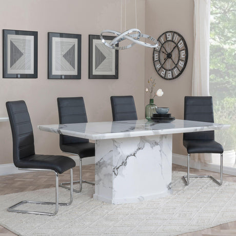 Naples White Marble Dining Set - Roma Black Faux Leather Dining Chair
