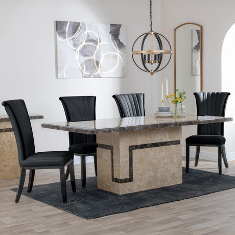 Venice Cream Marble Dining Set - Cadiz Black Leather Dining Chair