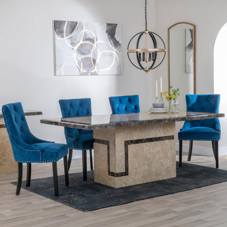 Venice Cream Marble Dining Set - Lion Knocker Back Blue Velvet Fabric Dining Chair with Black Wooden Legs-3