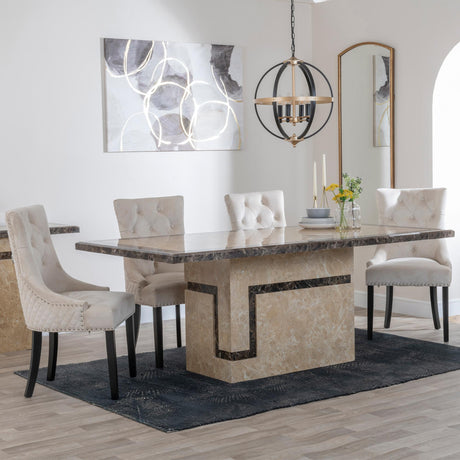 Venice Cream Marble Dining Set - Lion Knocker Back Champagne Velvet Fabric Dining Chair with Black Wooden Legs-4