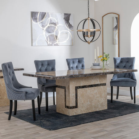 Venice Cream Marble Dining Set - Lion Knocker Back Grey Velvet Fabric Dining Chair with Black Wooden Legs