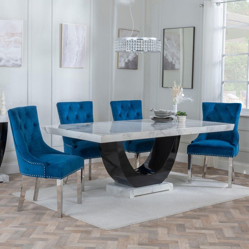 Madrid White Marble Dining Set - Knocker Back Blue Velvet Fabric Dining Chair with Chrome Legs-2