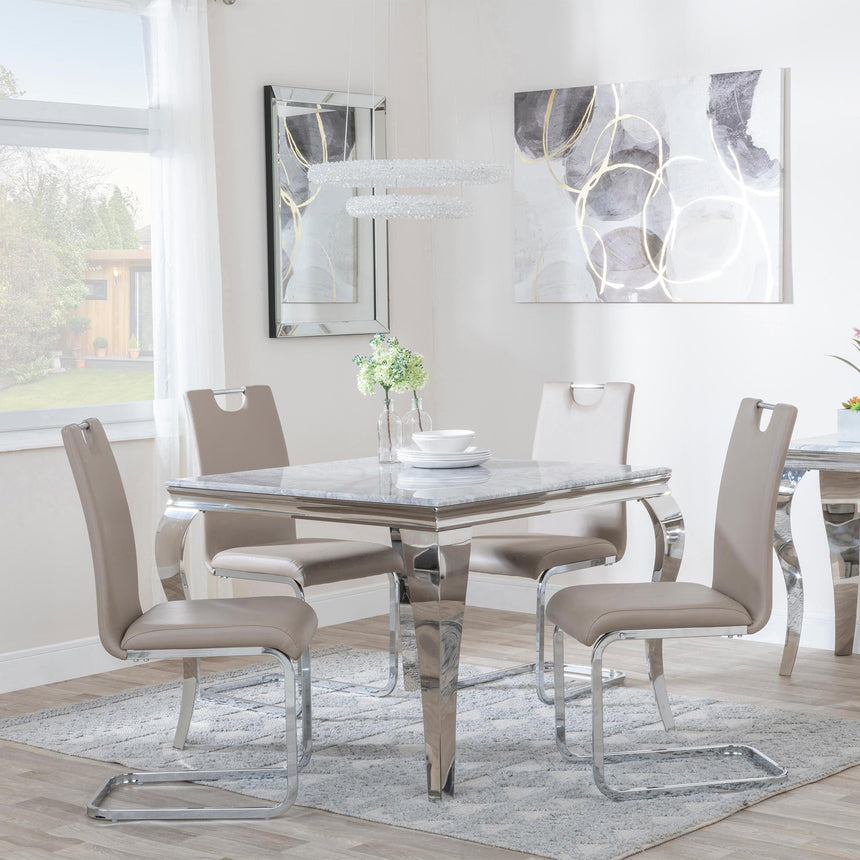 Louis 4 Seater Grey Marble and Chrome Square Dining Set - 4 Bianco Beige Faux Leather Dining Chair-3
