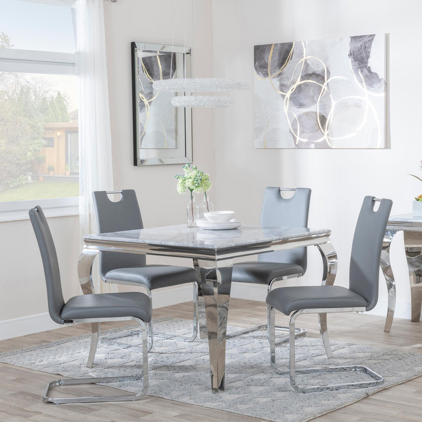 Louis 4 Seater Grey Marble and Chrome Square Dining Set - 4 Bianco Grey Faux Leather Dining Chair-2