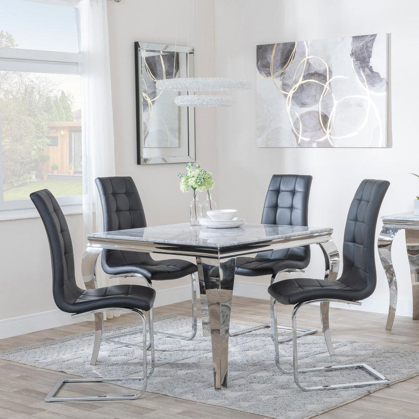 Louis 4 Seater Grey Marble and Chrome Square Dining Set - 4 Jamison Black Faux Leather Dining Chair