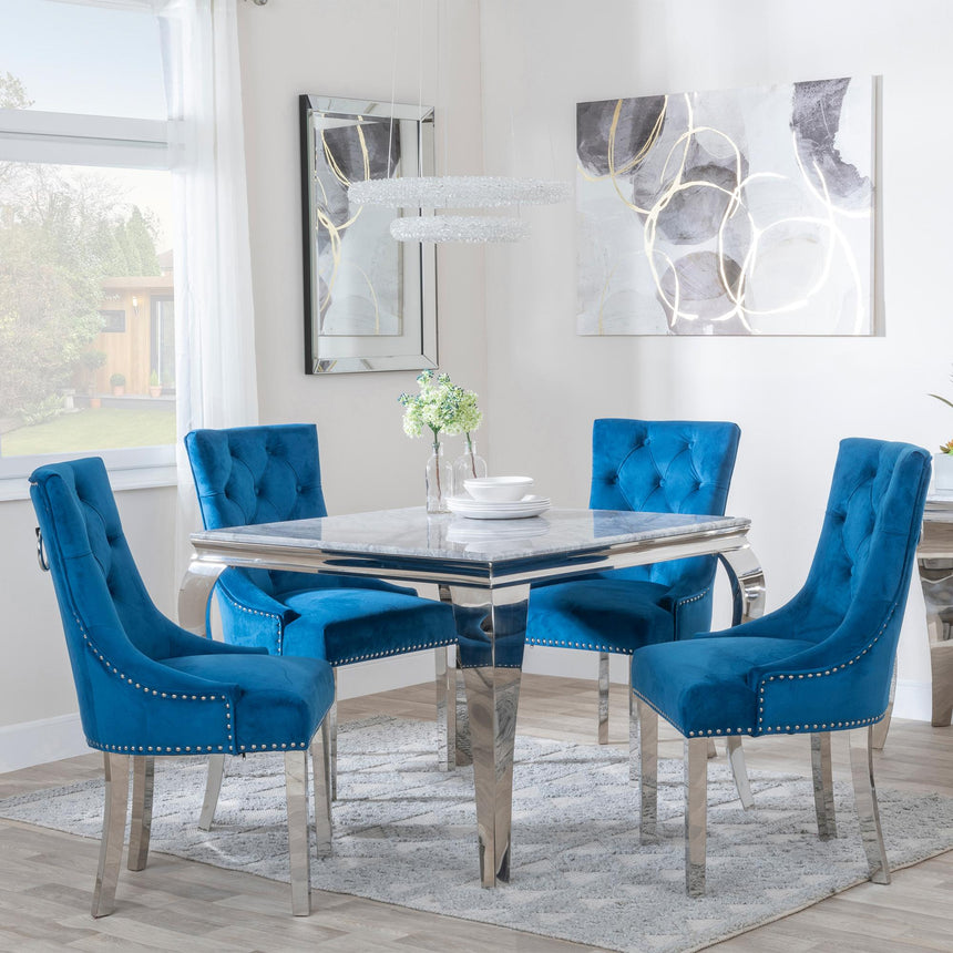 Louis 4 Seater Grey Marble and Chrome Square Dining Set - 4 Knocker Back Blue Velvet Fabric Dining Chair with Chrome Legs-2
