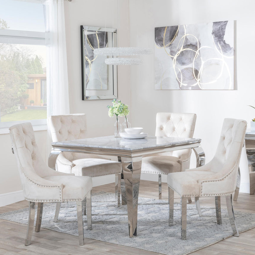 Louis 4 Seater Grey Marble and Chrome Square Dining Set - 4 Knocker Back Champagne Velvet Fabric Dining Chair with Chrome Legs-4