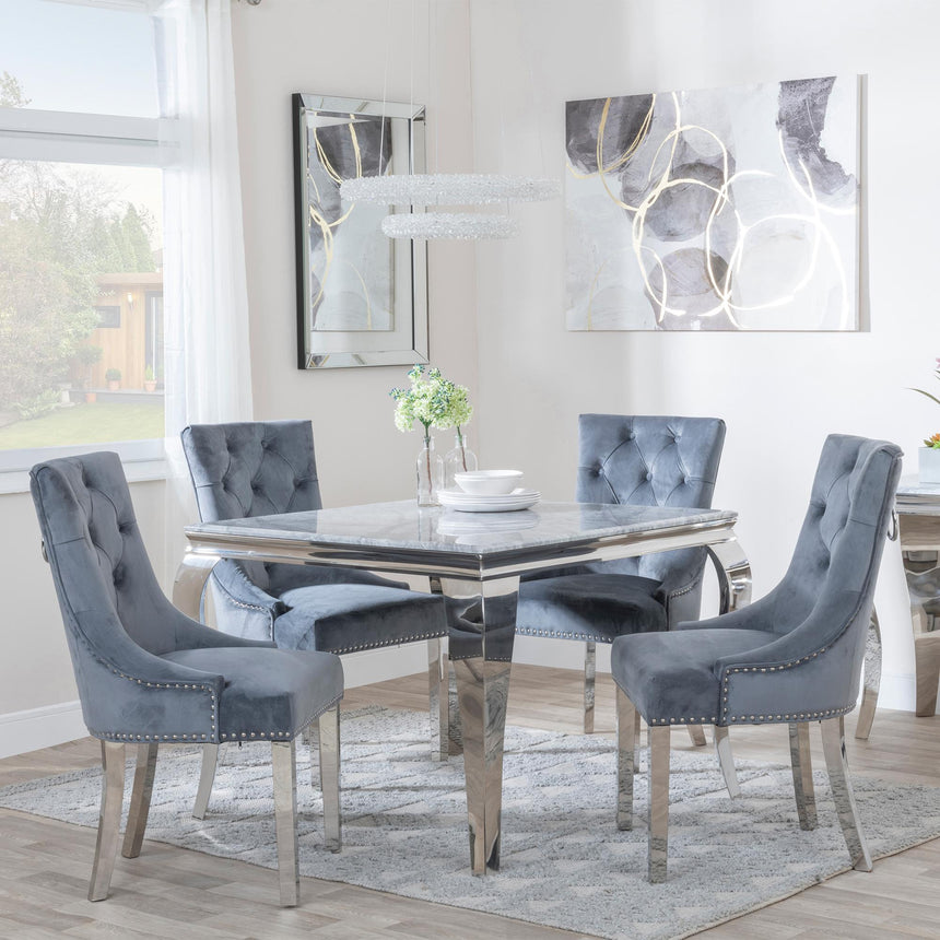Louis 4 Seater Grey Marble and Chrome Square Dining Set - 4 Knocker Back Grey Velvet Fabric Dining Chair with Chrome Legs-3