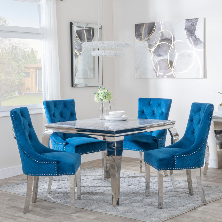 Louis 4 Seater Grey Marble and Chrome Square Dining Set - 4 Lion Knocker Back Blue Velvet Fabric Dining Chair with Chrome Legs-3