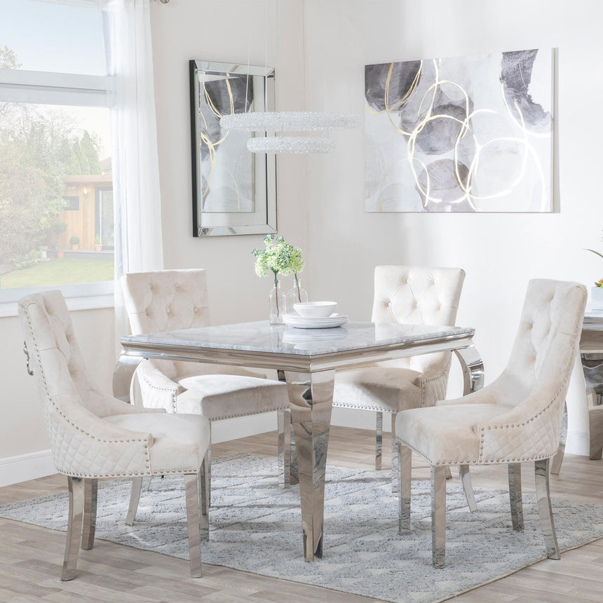 Louis 4 Seater Grey Marble and Chrome Square Dining Set - 4 Lion Knocker Back Champagne Velvet Fabric Dining Chair with Chrome Legs-2