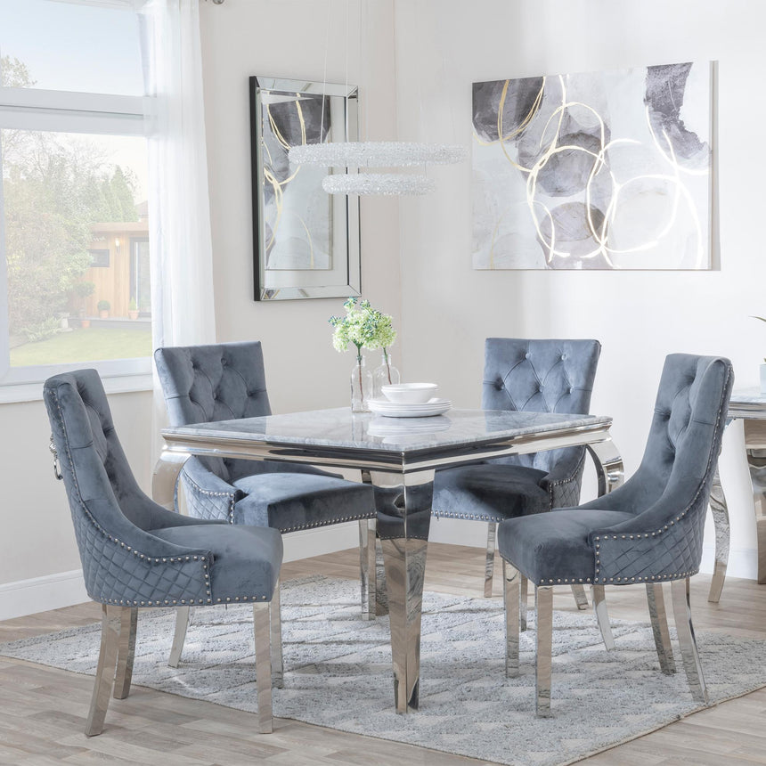 Louis 4 Seater Grey Marble and Chrome Square Dining Set - 4 Lion Knocker Back Grey Velvet Fabric Dining Chair with Chrome Legs-4