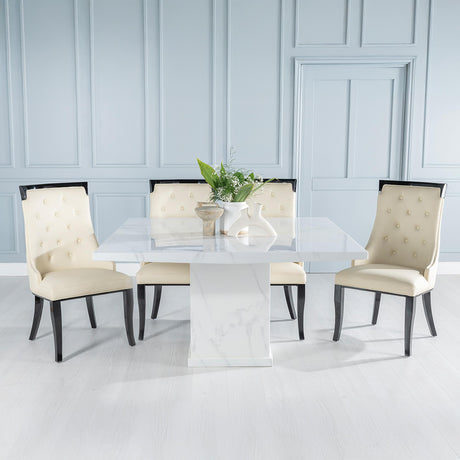 Turin White Marble Square Dining Set - Carmela Cream Faux Leather Chair-2