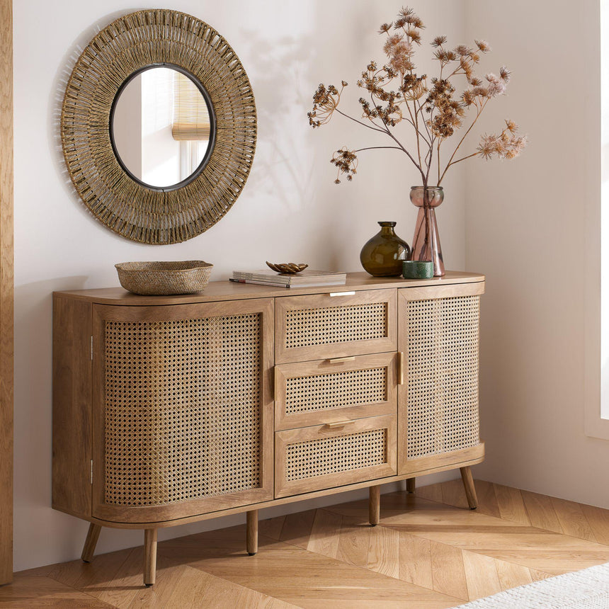 Noah Oak and Rattan Curved 150cm Medium Sideboard - 2 Doors