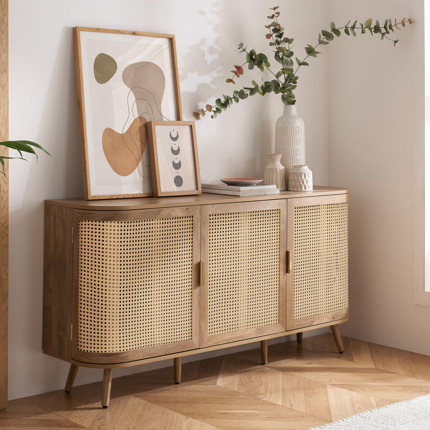 Noah Oak and Rattan Curved 150cm Medium Sideboard - 3 Doors