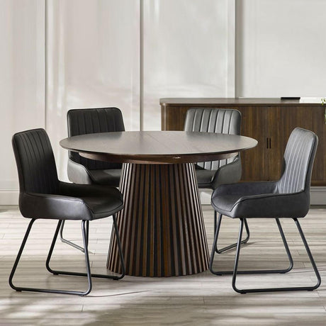Tambour Dark Oak Slatted 6 Seater Round Pedestal Extending Dining Table