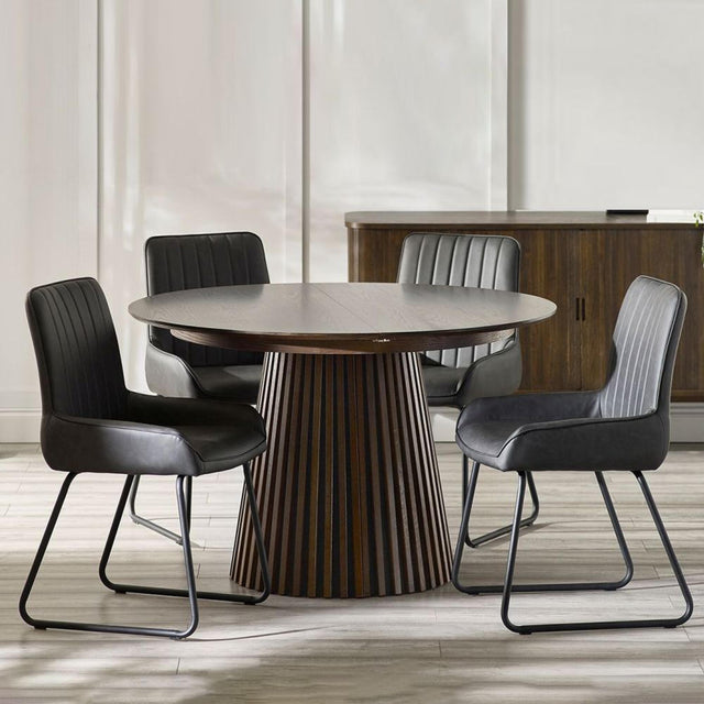 Tambour Dark Oak Slatted 6 Seater Round Pedestal Extending Dining Table