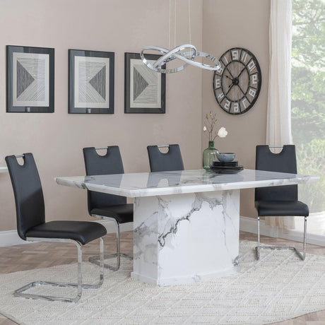 Naples White Marble Dining Set - Bianco Black Faux Leather Dining Chair-2