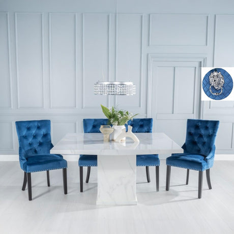 Turin White Marble Square Dining Set - Blue Fabric Lion Head Ring Back Dining Chair with Black Legs-3