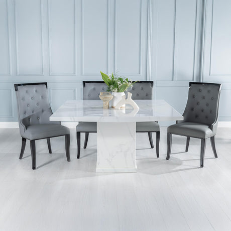 Turin White Marble Square Dining Set - Carmela Grey Faux Leather Chair