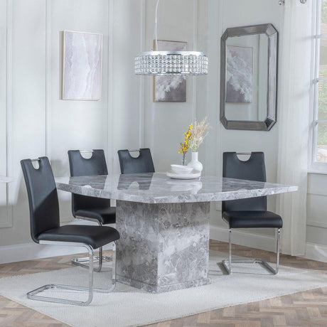 Turin Grey Marble Square Dining Set - Bianco Black Faux Leather Dining Chair-2