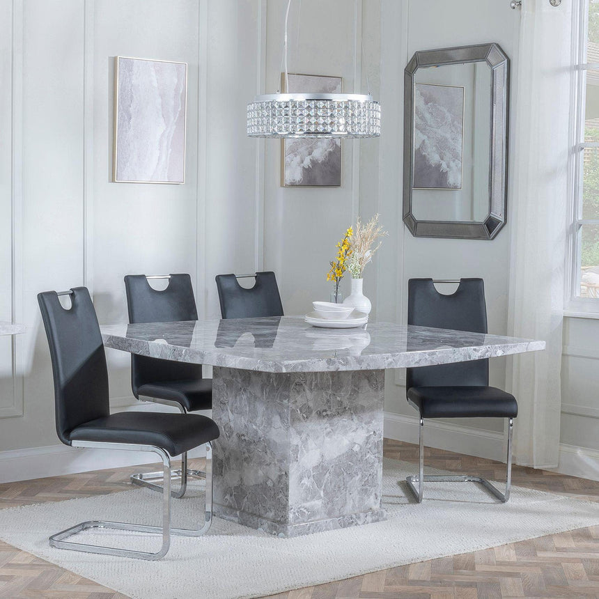 Turin Grey Marble Square Dining Set - Bianco Black Faux Leather Dining Chair-2