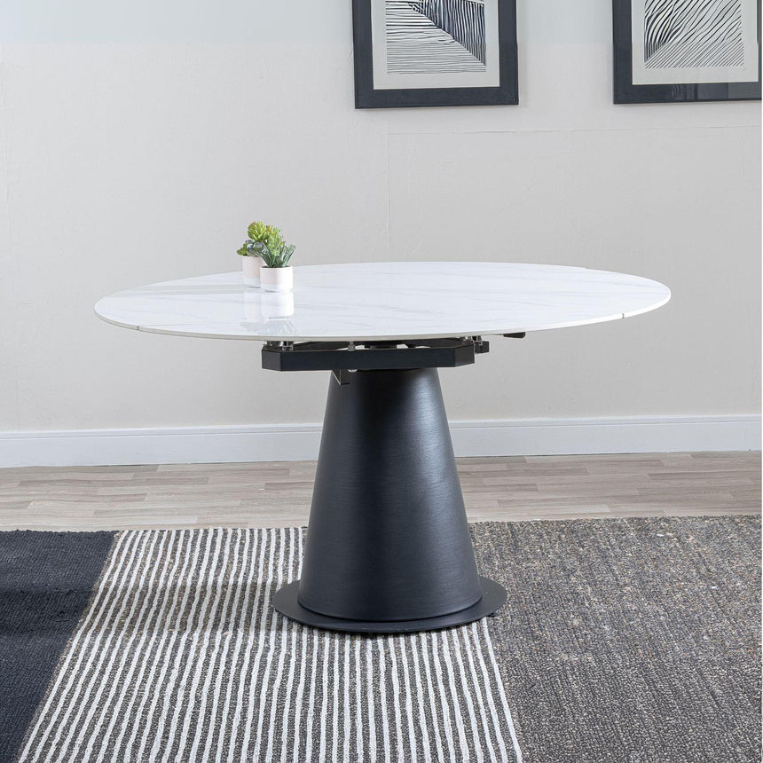 Carrara 4-6 Seater White Ceramic Round Swivel Motion Extending Dining Table with Black Pedestal Base - 135cm-2