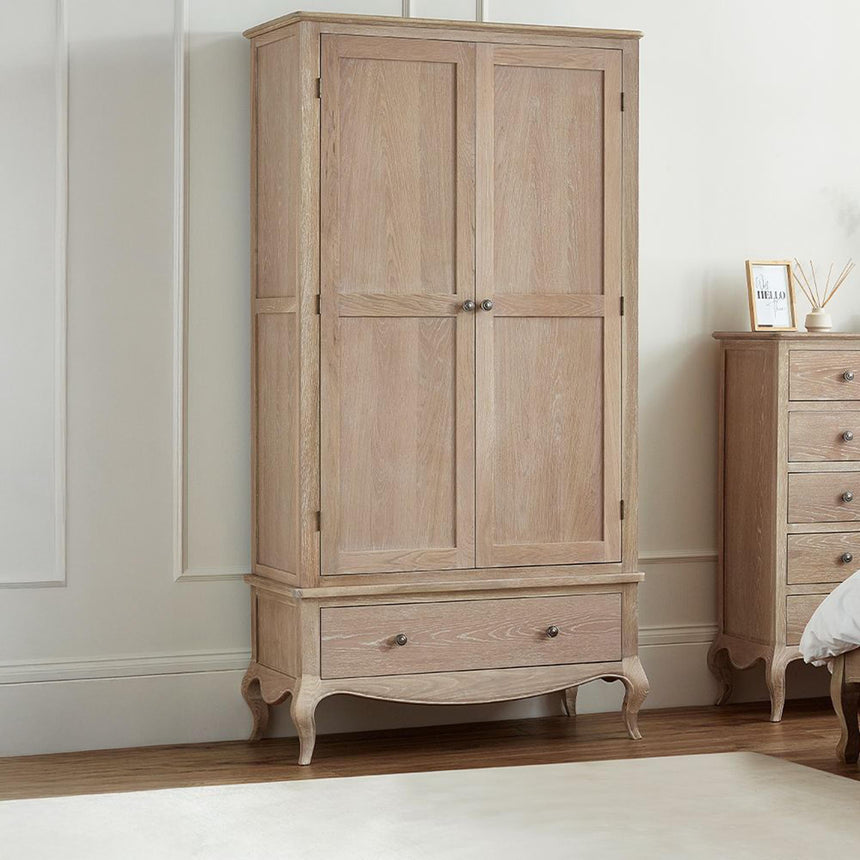Camille Oak French Style 2 Door 1 Drawer Double Wardrobe