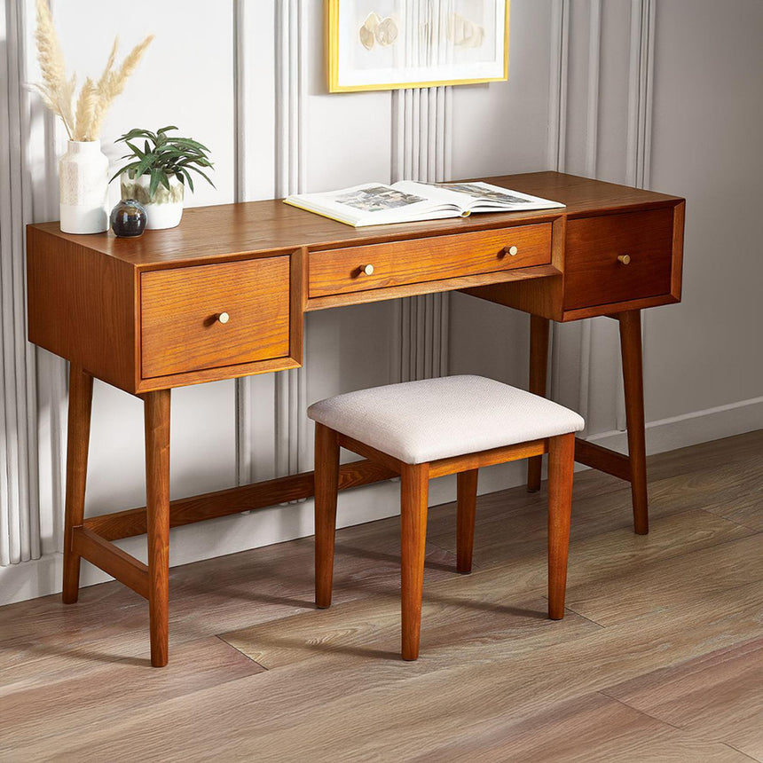 Lowry Cherry Wood Retro Style 3 Drawer Dressing Table with Stool
