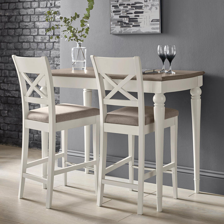 Bentley Designs Montreux Grey Washed Oak and Soft Grey Bar Table with 2 X Back Grey Bonded Leather Bar Stools