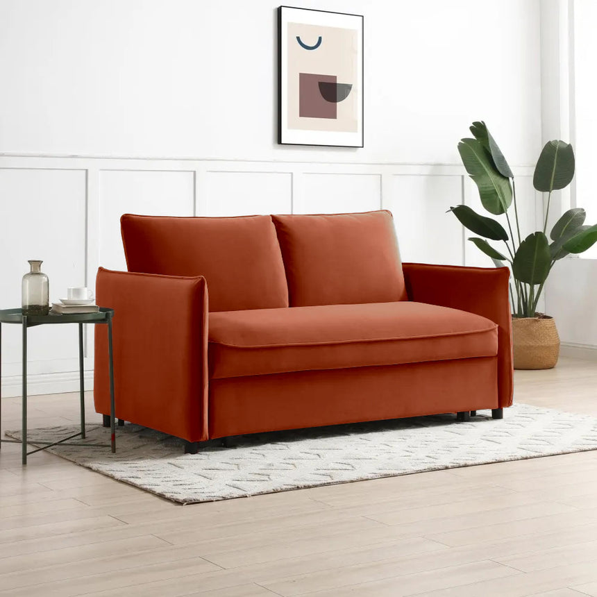 Blaire Athena Burnt Orange Velvet Fabric 2 Seater Sofa Bed