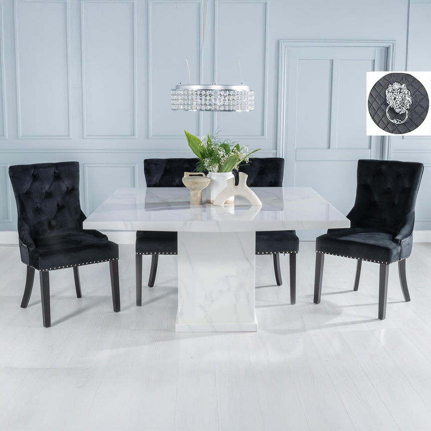 Turin White Marble Square Dining Set - Black Fabric Lion Head Ring Back Dining Chair with Black Legs-2