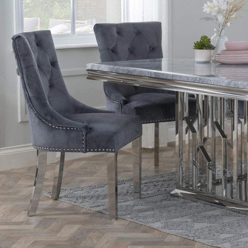 Knocker Back Grey Velvet Fabric Dining Chair with Chrome Legs-2
