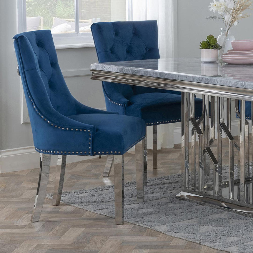 Knocker Back Blue Velvet Fabric Dining Chair with Chrome Legs-3