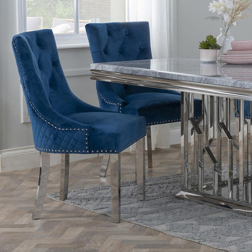 Lion Knocker Back Blue Velvet Fabric Dining Chair with Chrome Legs-3
