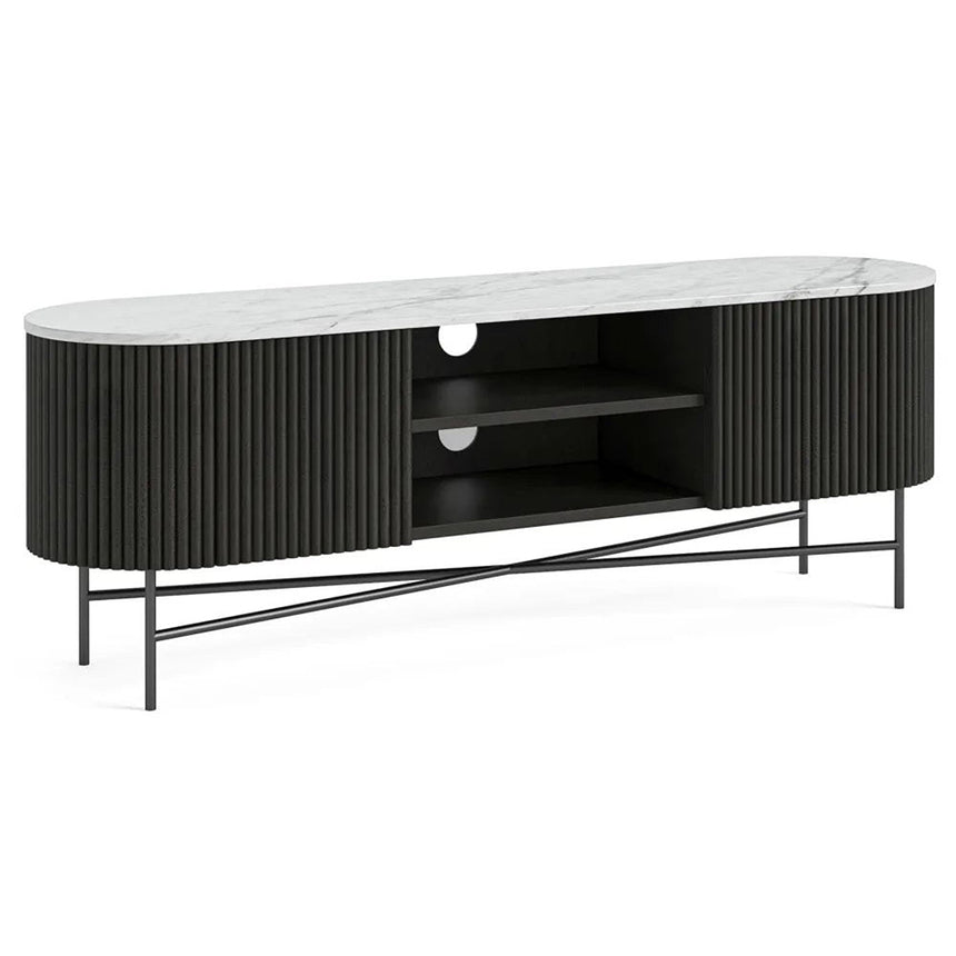 Lucas Black 150cm Fluted Curved TV Unit with White Marble Top