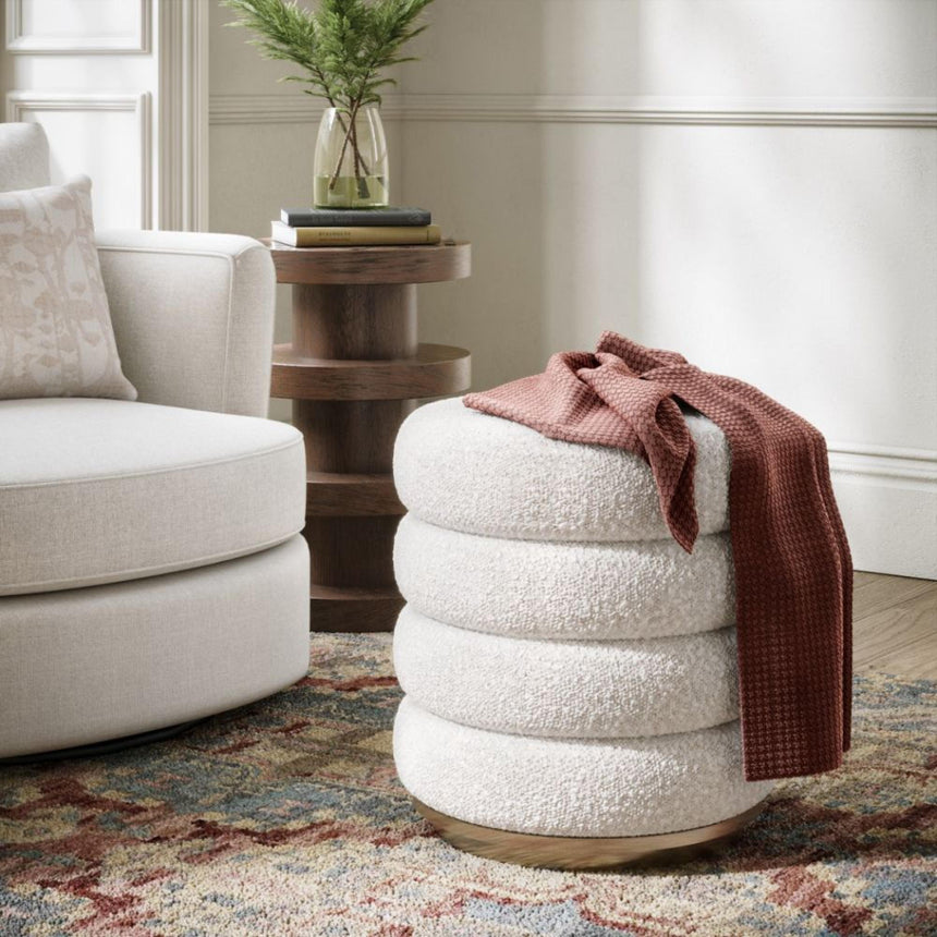 California Boucle Cream Fabric Round Footstool